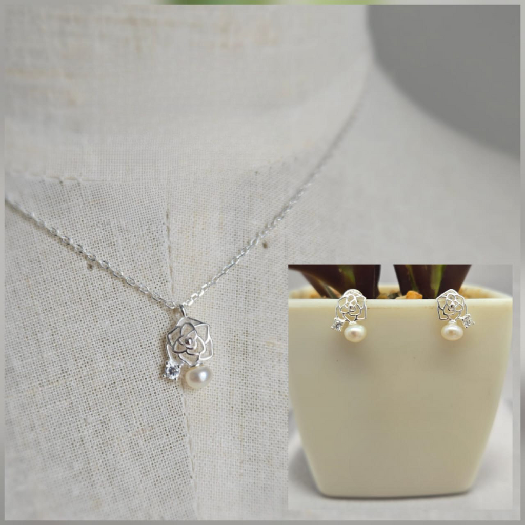 Sterling Silver Necklace With Rose And Pearl Pendant