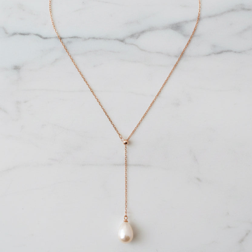 Rose Gold Adjustable Y Shape Freshwater Pearl Necklace - Terciany 