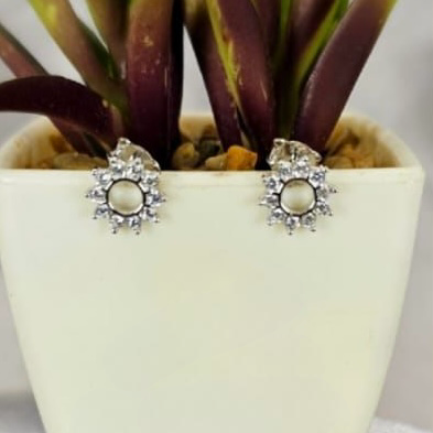 A pair of sterling silver stud earrings with cubic zirconia pave, displayed in a white earring holder with a green plant in the background.