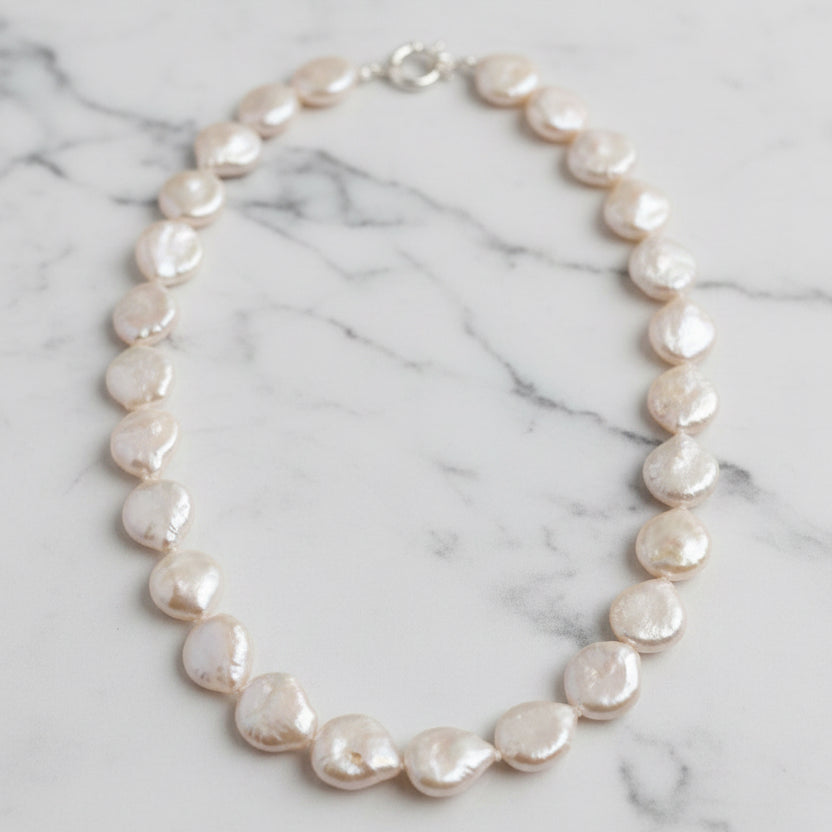 Stunning White 12Mm Coin Pearl Necklace