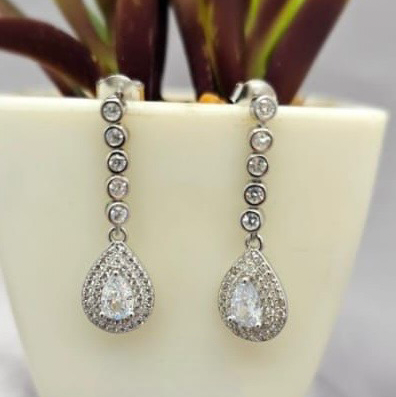 Teardrop-shaped silver earrings with clear stones in front of a potted plant.