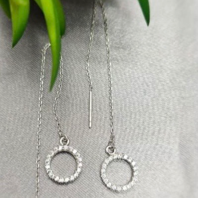 Silver circular earrings on a gray surface with green leaves in the background