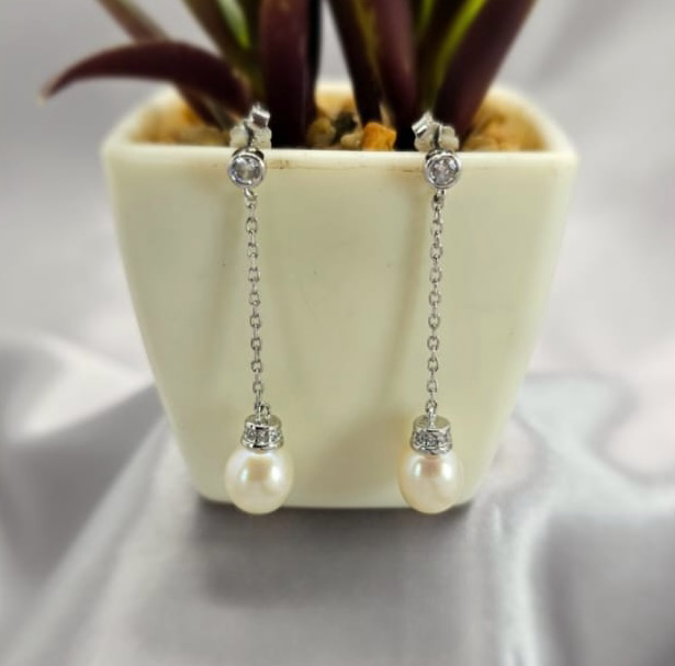Long Drop Earrings Om Chain With Beautiful Freshwater Pearl On End