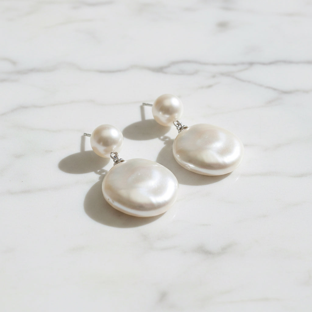 Freshwater Pearl Drop On Coin Pearl Earrings - Terciany 