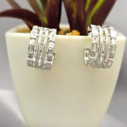 Silver hoop earrings displayed in a pot with green plants