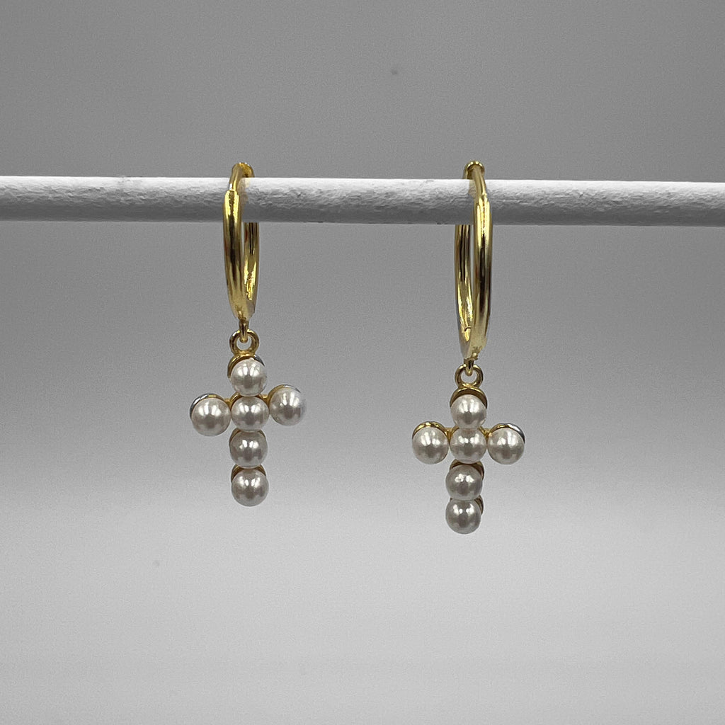 Gold Huggies With A Freshwater Pearl Cross Charm