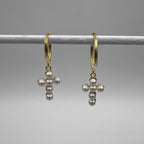 Gold Huggies With A Freshwater Pearl Cross Charm - Terciany 