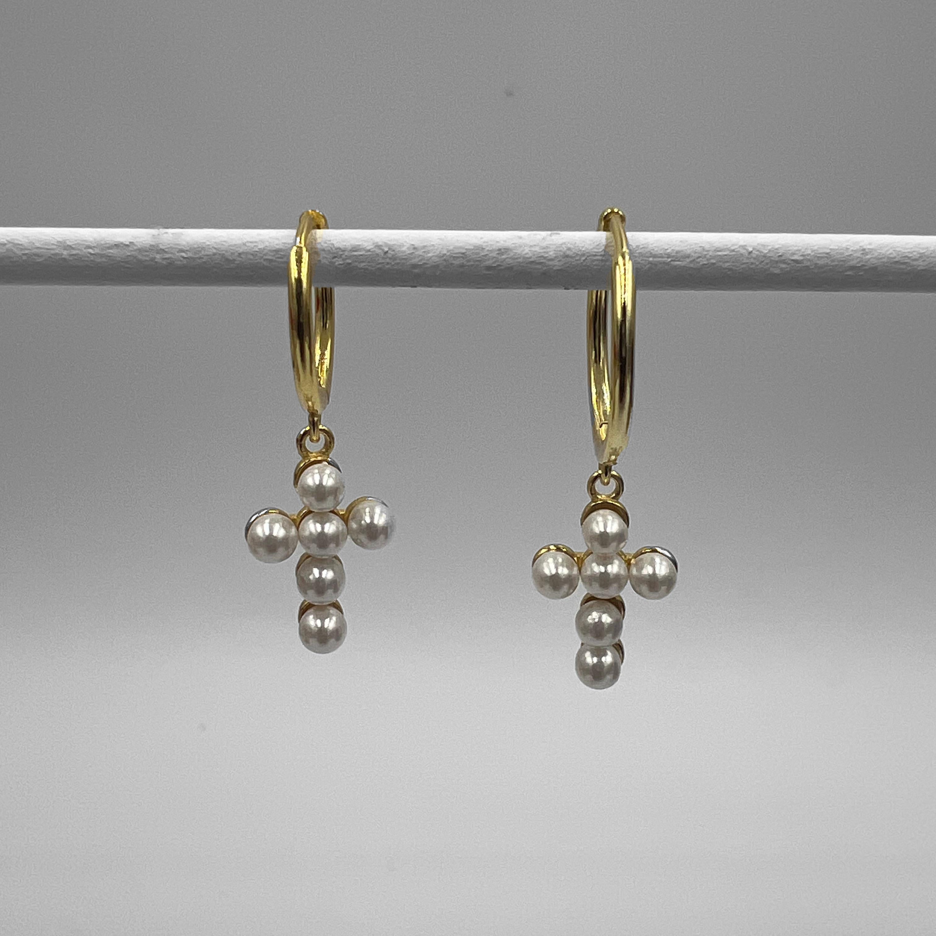 Gold Nicolá Huggies with a Freshwater Pearl Cross Charm