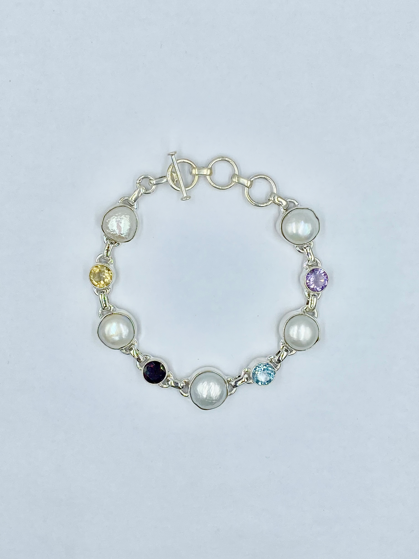 Stunning statement bracelet with freshwater pearls and semi precious stones