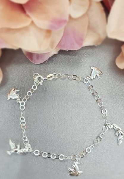 Dangling doves sterling silver charm bracelet