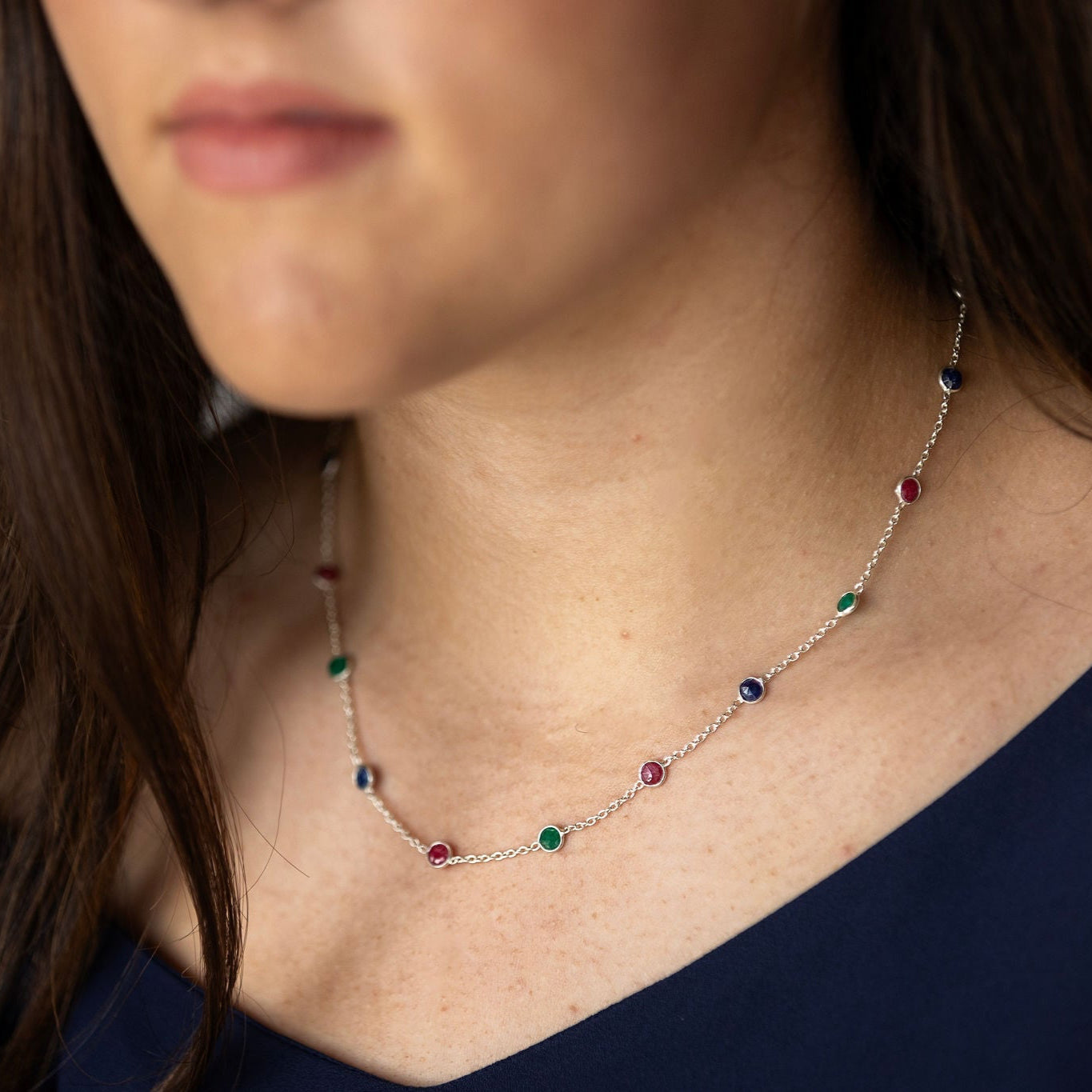 Sterling Silver Necklace With Blue, Green And Red Semi Precious Stones In Chain