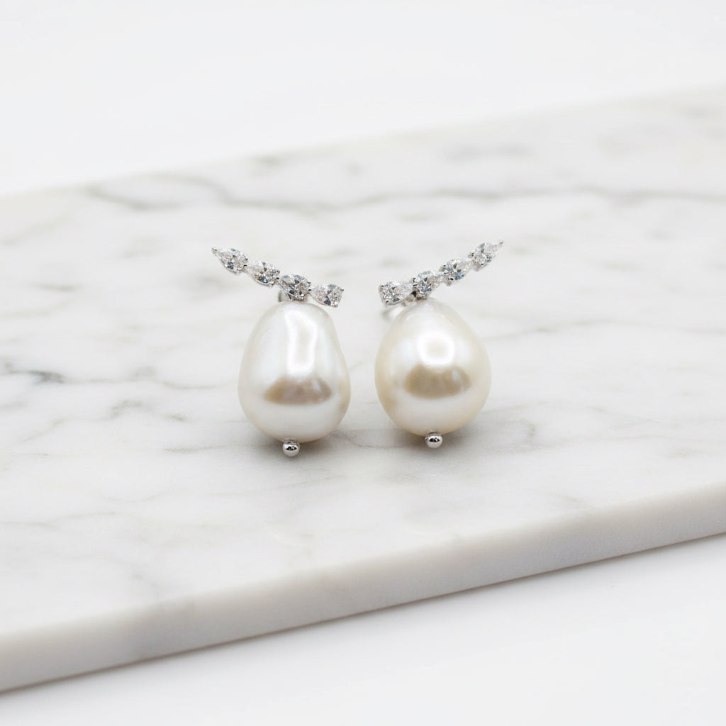 Pearl Drop Earrings With Cubic Zirconia Base