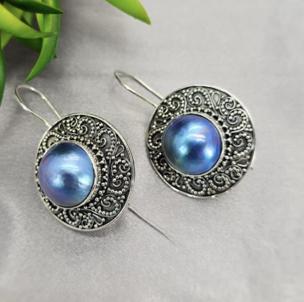 Stunning 30mm blue Mabe Pearl drop earrings