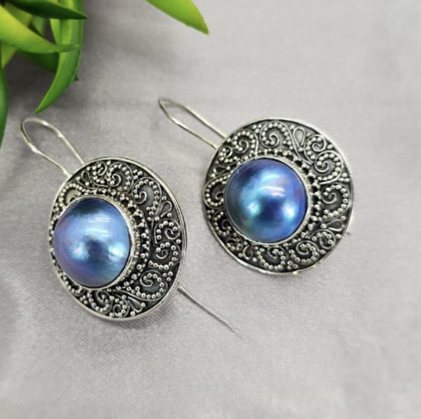 Stunning 30Mm Blue Mabe Pearl Drop Earrings