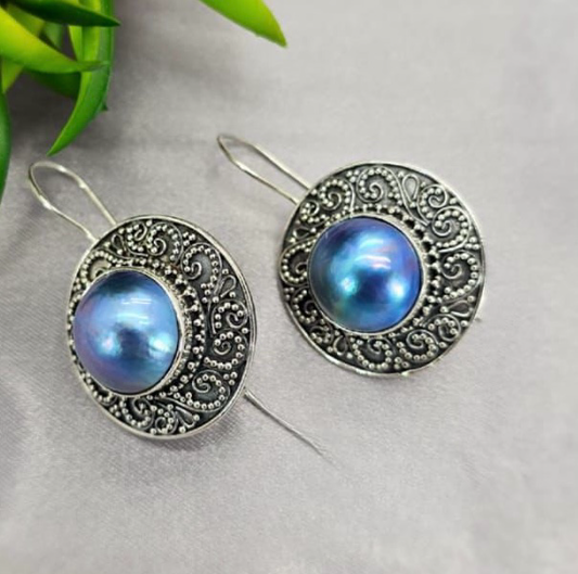 Stunning 30mm blue Mabe Pearl drop earrings