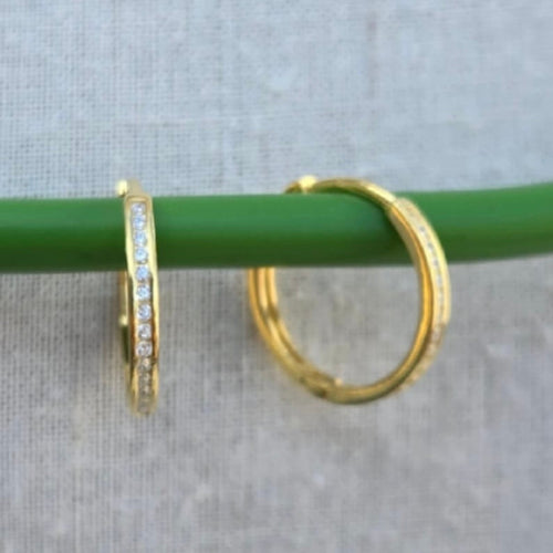 Gold hoop earrings with embedded stones on a green stick against a gray background