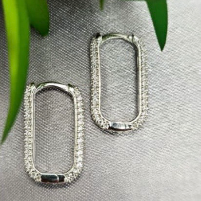 Silver hoop earrings on a light gray surface with green leaves in the background