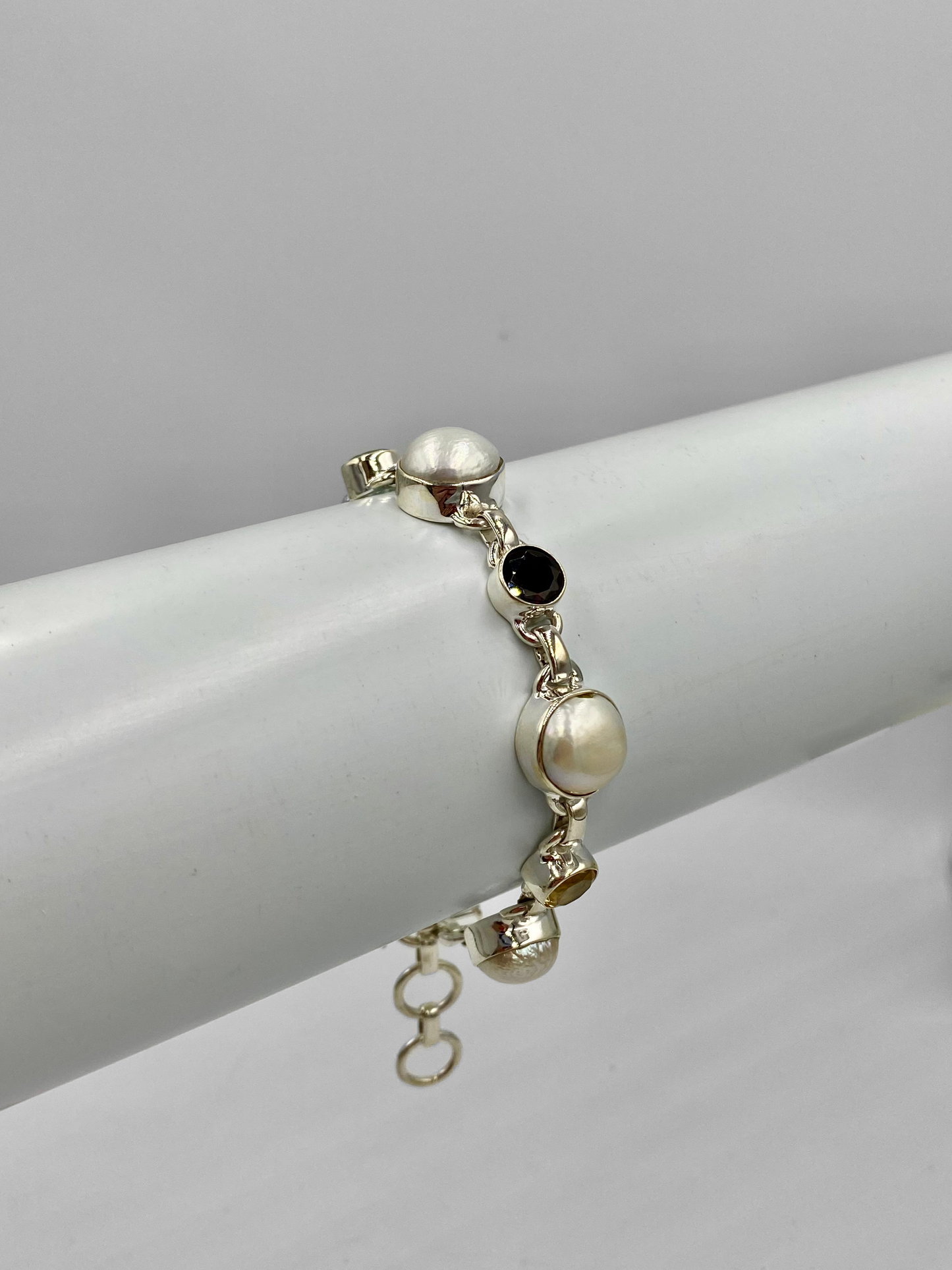 Stunning statement bracelet with freshwater pearls and semi precious stones