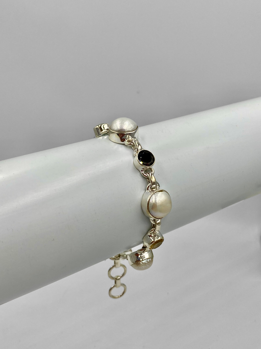 Stunning statement bracelet with freshwater pearls and semi precious stones