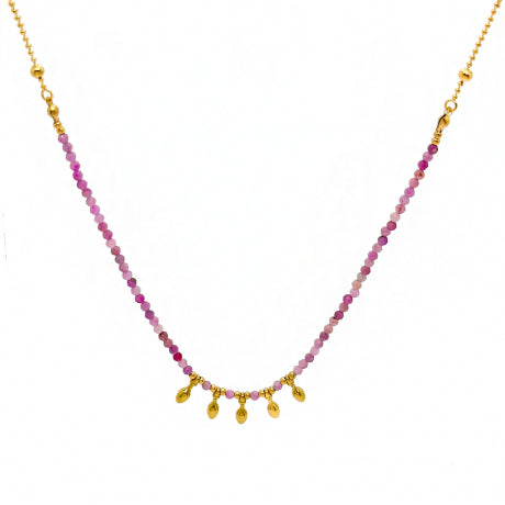 Pink Tourmaline semi precious stone necklace with five dots