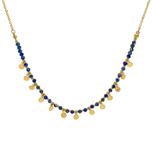 Necklace with blue beads and gold accents on a white background
