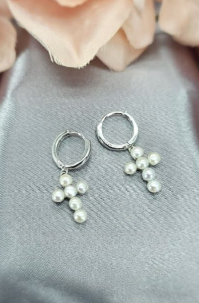 Silver huggy earrings with pearl crosses