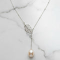 Sterling Silver Necklace With Leaf Slider And Beautiful Freshwater Pearl On End - Terciany 