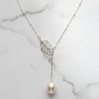Sterling Silver Necklace With Leaf Slider And Beautiful Freshwater Pearl On End - Terciany 
