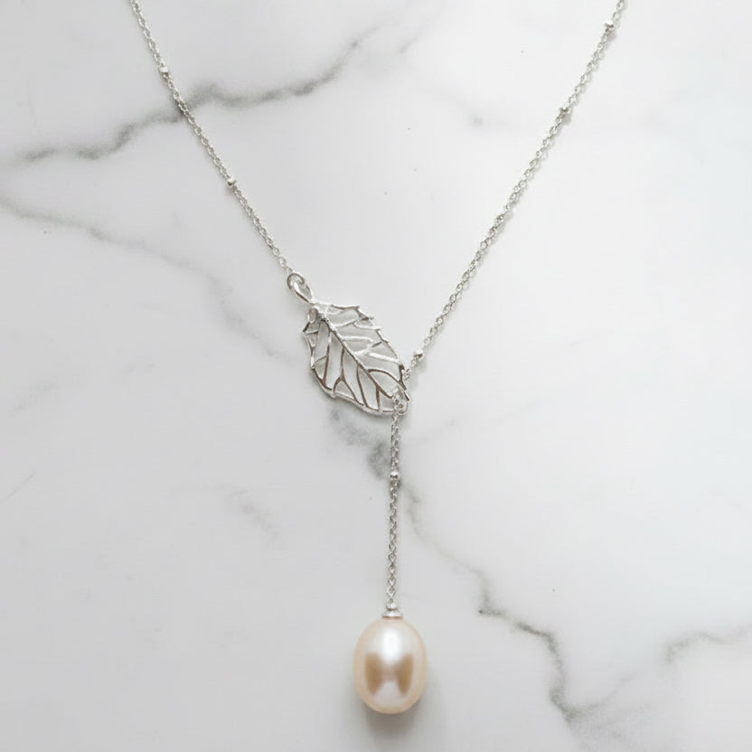 Sterling Silver Necklace With Leaf Slider And Beautiful Freshwater Pearl On End - Terciany 