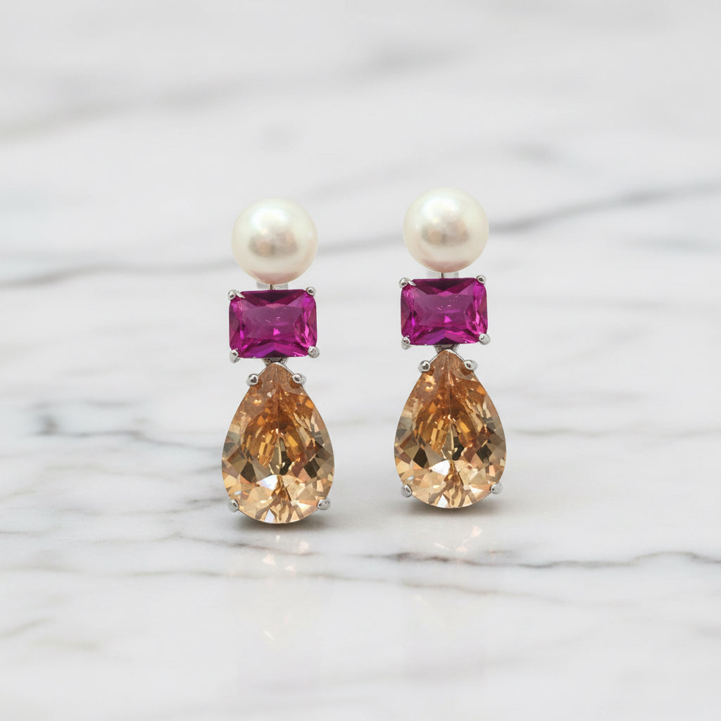 Stunning Eye Catching Pink And Topaz Cubic Zirconia Drop Earrings With Freshwater Pearl Base - Terciany 