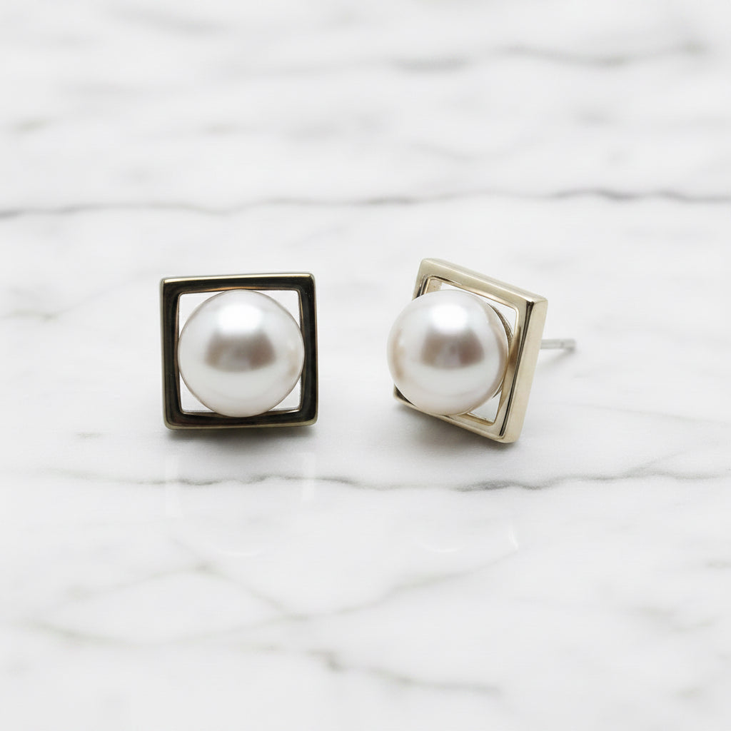 Sterling Silver Square Studs With Freshwater Pearl