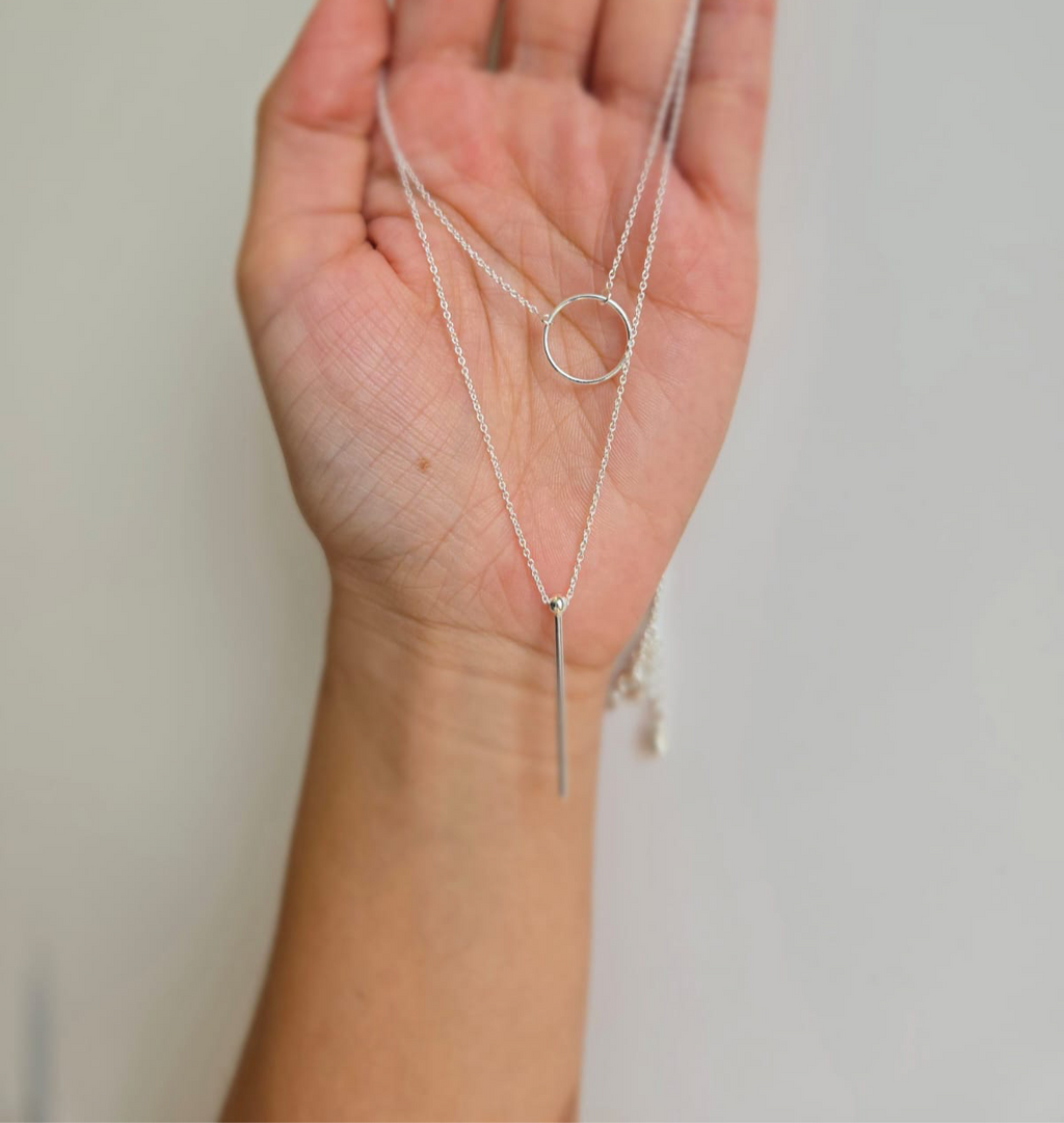 Sterling Silver Double Necklace With Open Circle And Disc