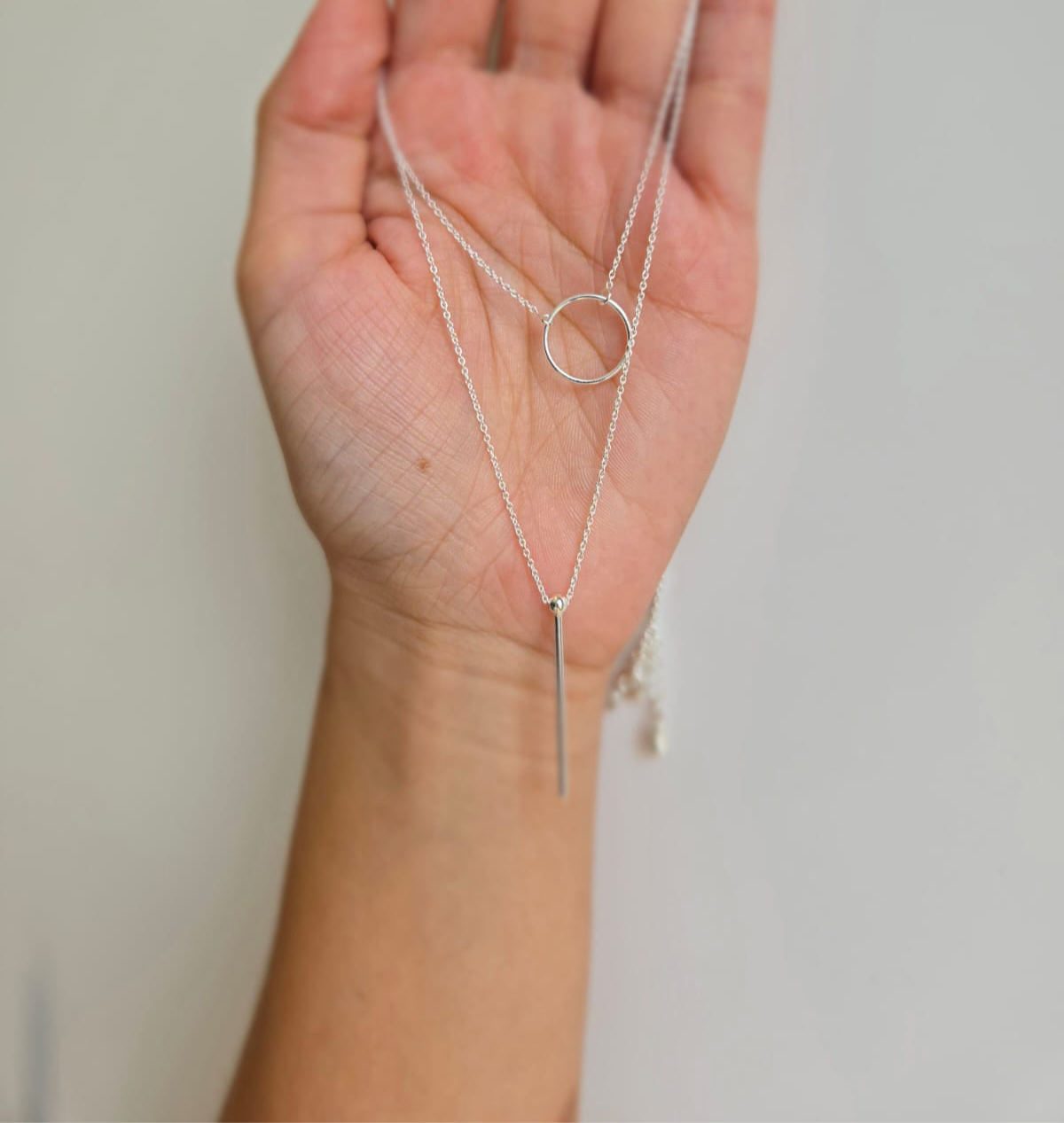 Sterling Silver Double Necklace With Open Circle And Disc