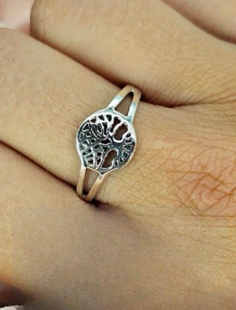 Double Band Sterling Silver Ring With Round Tree Of Life