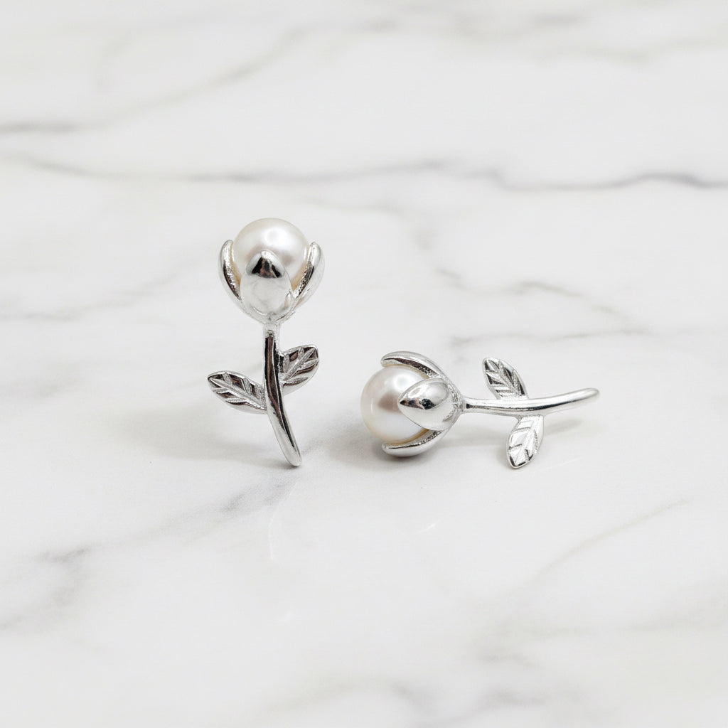 Rose bud Studs With Freshwater Pearl Centre