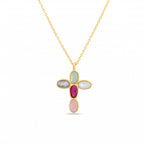 Gold necklace with a colorful pendant on a white background