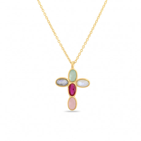Gold necklace with a colorful pendant on a white background