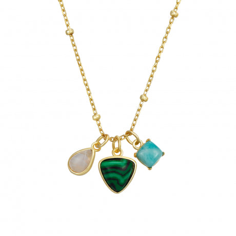 Gold necklace with three colorful pendant charms on a white background