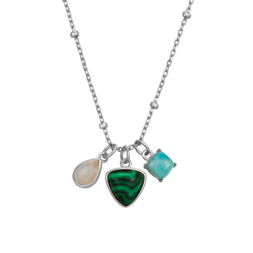 Necklace with three colorful pendant charms on a white background