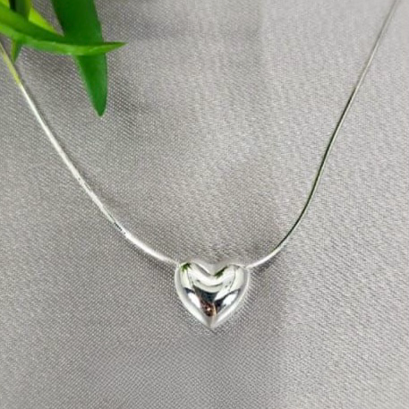 A sterling silver necklace with a solid floating heart pendant, displayed on a grey background with a green leafy element to the side.