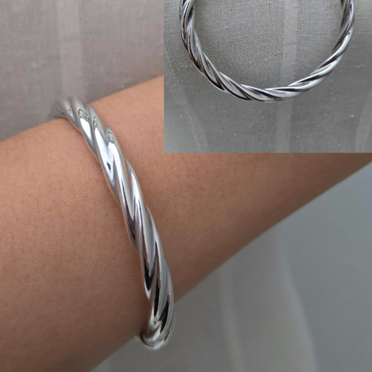 Silver braided bracelet on a wrist with a close-up inset.
