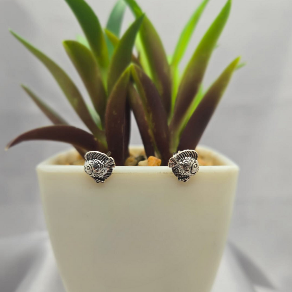 Small potted plant with a white pot featuring lion head studs on a light gray background