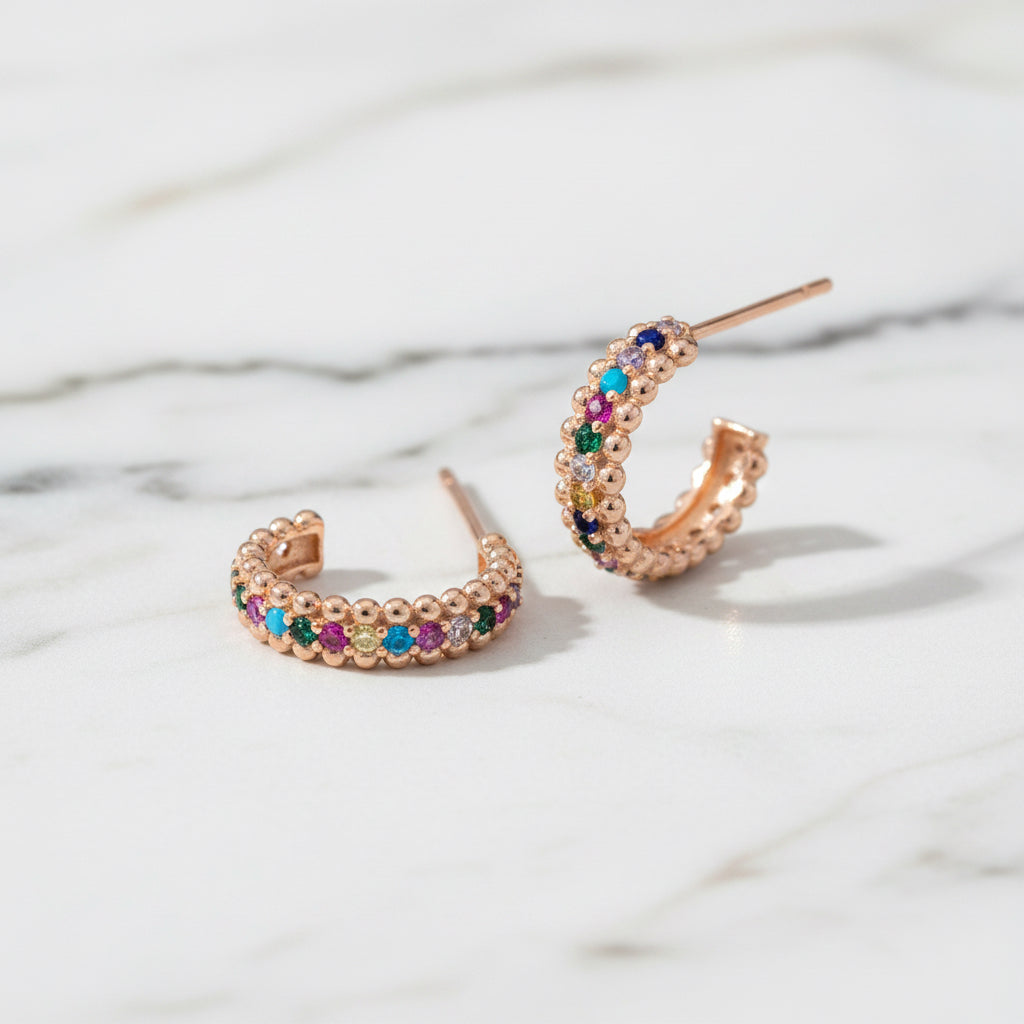 Rose Gold Hoops With Rainbow Coloured Cubic Zirconia - Terciany 