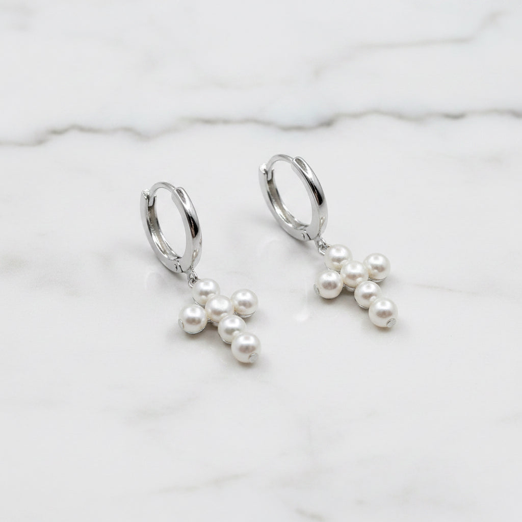 Silver Huggy Earrings With Pearl Crosses