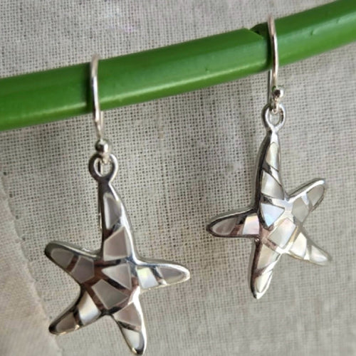 Star-shaped silver earrings on a green stick against a textured gray background