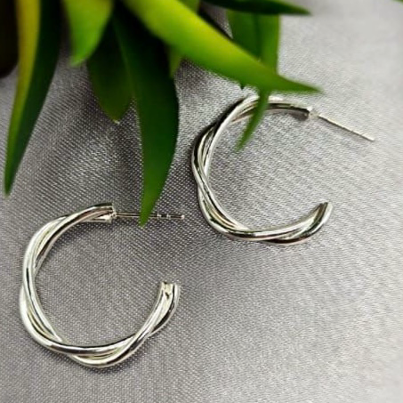 A pair of silver hoop earrings with a twisted design, displayed on a white surface next to a green plant.