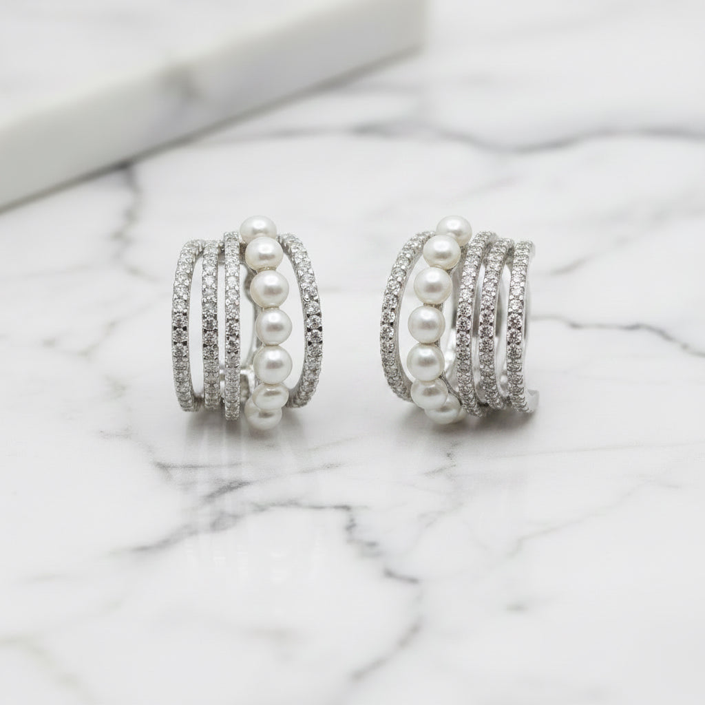 14Mm Hoops With Pearl And Cubic Zirconia Detail - Terciany 