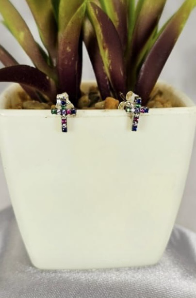 9mm Rainbow coloured cubic zirconia cross studs