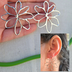 Silver flower-shaped earrings held in a hand with an inset showing them worn on an ear.