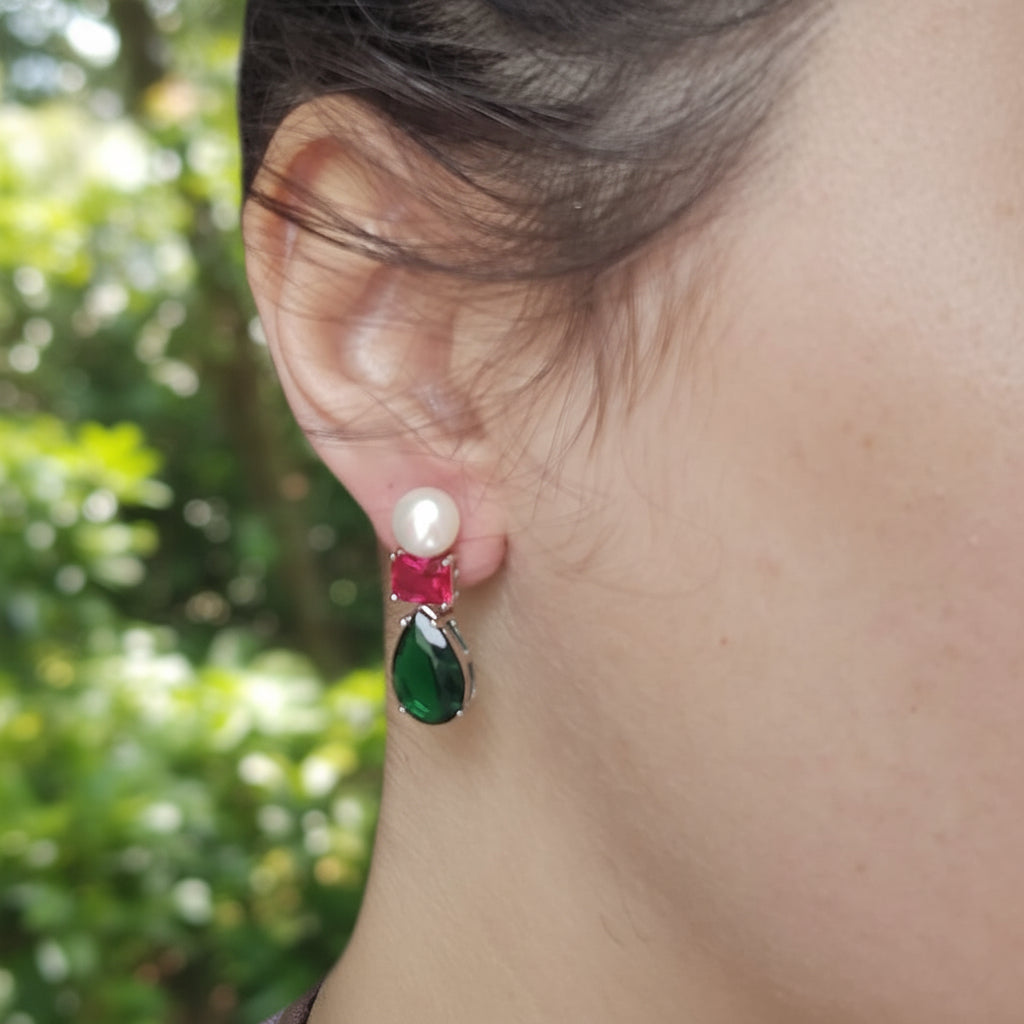 Eye Catching Freshwater Pearl Drop Earrings With Green And Red Cubic Zirconia